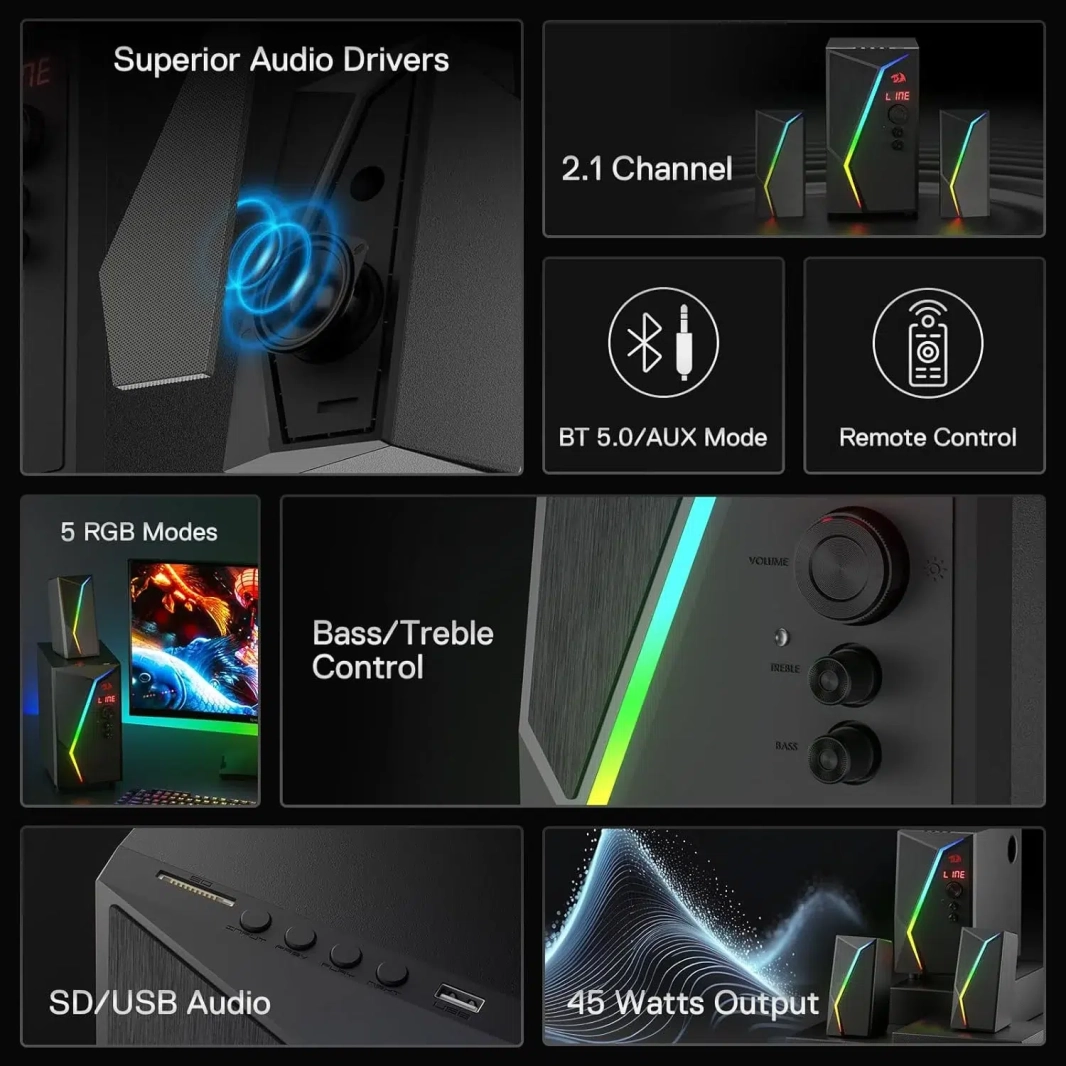 مكبرات صوت Redragon GS520 PRO لألعاب الكمبيوتر مع مضخم صوت، 2.1 قناة RGB