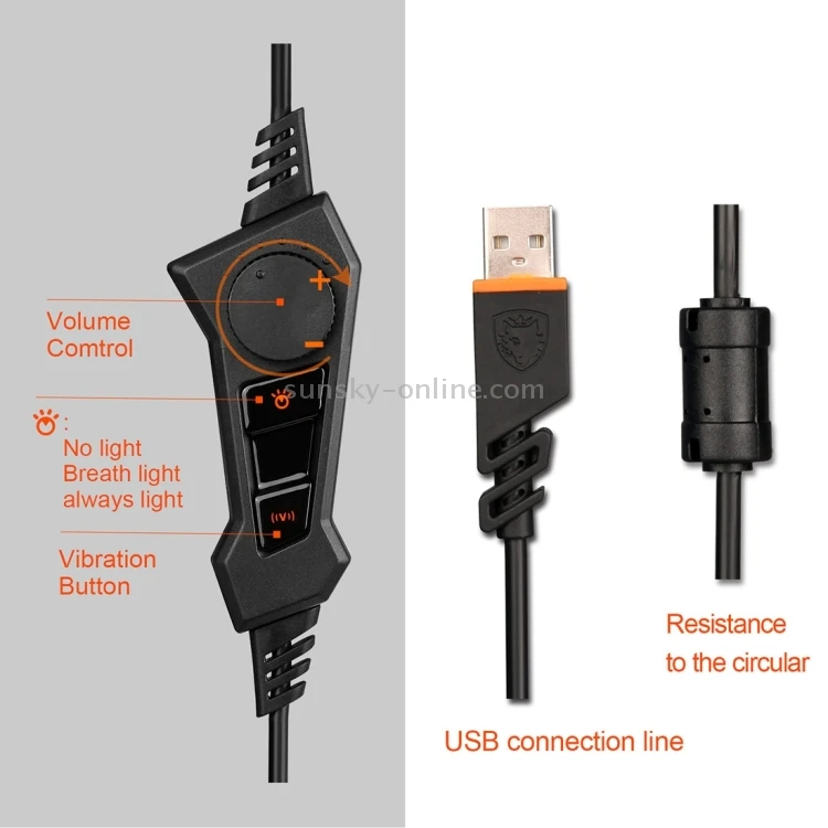 سماعة رأس SADES R1 USB للألعاب 7.1 قناة سلكية مع تحكم سلكي + ميكروفون + إضاءة للكمبيوتر الشخصي والكمبيوتر المحمول (أسود + برتقالي)