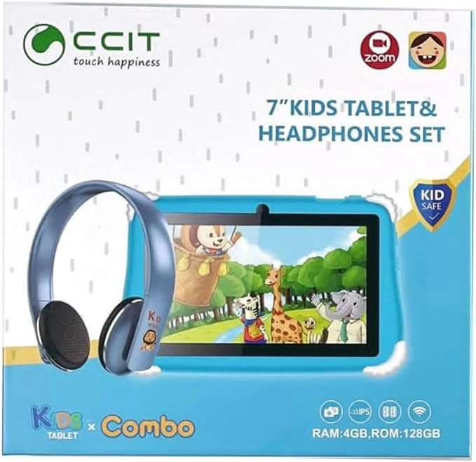 تابلت CCIT للأطفال بشاشة 7 بوصة IPS يعمل بنظام Android مع ذاكرة وصول عشوائي 4 جيجابايت وذاكرة قراءة فقط 128 جيجابايت ومجموعة سماعات رأس باللون الأرجواني