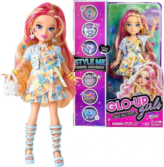 دمية تيفاني بلوند فاشون من مجموعة GLO-UP Girls من Far Out Toys الموسم الثاني، مجوهرات مبهرة، أحجار كريمة للشعر، إكسسوارات، أزياء، ملصقات للوجه، مكياج، أظافر