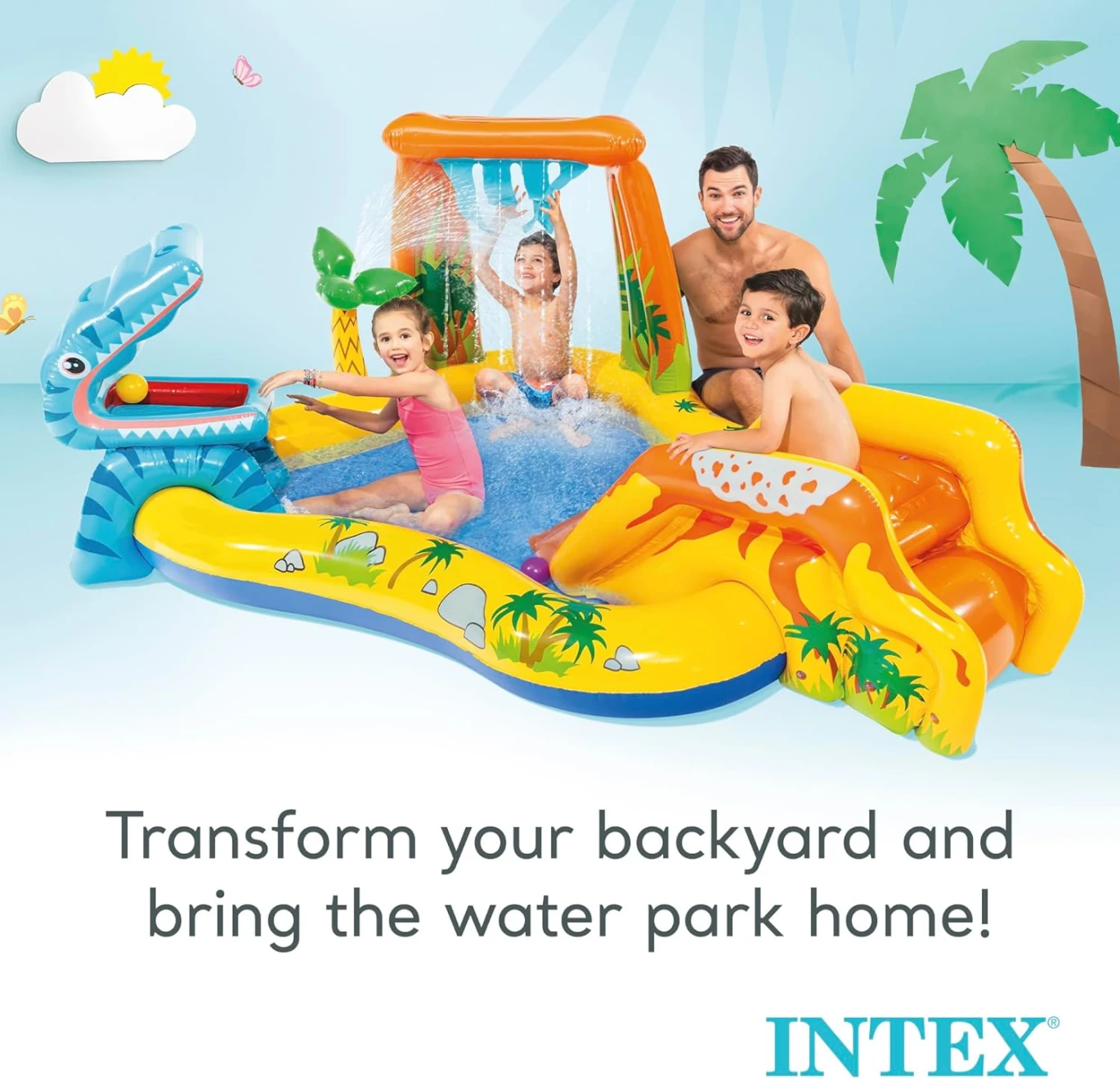Intex Inflatable Kids Dinosaur Play Center Outdoor Playhouse Inflatable Pool Water Park with Slide, Water Sprayer, Waterfall, and 6 Balls, Multicolor