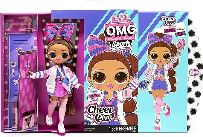 دمية مشجعة رياضية تنافسية من LOL Surprise OMG Sports Cheer Diva مع 20 مفاجأة بما في ذلك إكسسوارات براقة ومجموعة ألعاب قابلة لإعادة الاستخدام، قابلة للتعديل - هدية للأطفال، ألعاب للبنات والأولاد من سن 