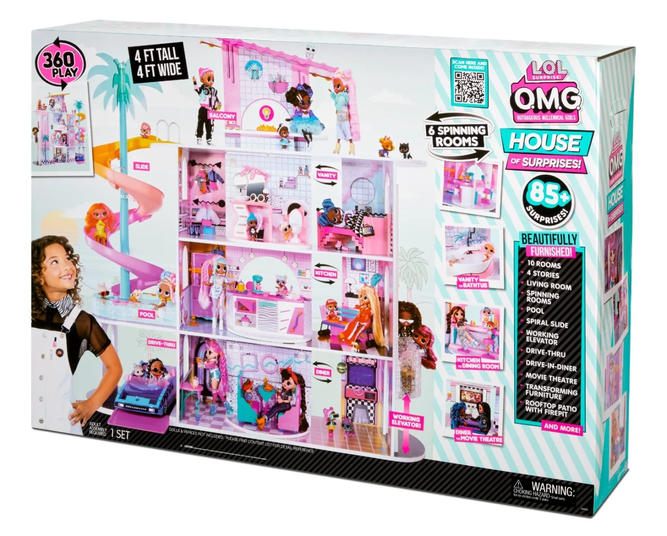 OMG House of Surprises – بيت دمى من الخشب الحقيقي به 85 مفاجأة، 4 طوابق، 10 غرف، مصعد، منزلق حلزوني، حمام سباحة،