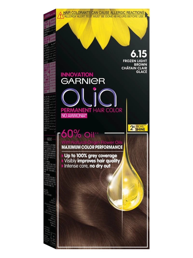 Garnier 6.15 Frozen Light Brown, No Ammonia Permanent Haircolor, with 60% Oils