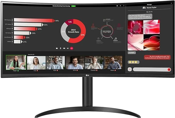 شاشة LG 34WR55QC-B المنحنية فائقة الاتساع مقاس 34 بوصة بدقة WQHD HDR 10 بمعدل تحديث 100 هرتز مع منفذ USB Type-C، وشاشة منحنية بدقة 3440×1440، ومعدل تحديث 100 هرتز، وتقنية AMD FreeSync، وتصميم بلا حدود