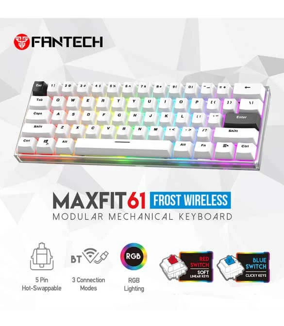 سماعة Fantech Max Fit 61 Frost اللاسلكية - بيضاء (مفتاح أحمر)