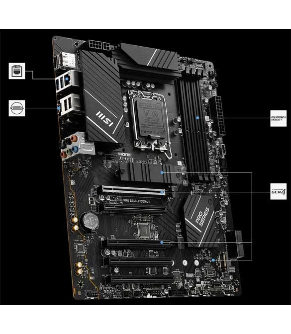 لوحة أم MSI Pro B760-P DDR4 II، ATX - تدعم معالجات Intel Core من الجيل الرابع عشر والثالث عشر والثاني عشر، LGA 1700 - DDR4 Memory Boost 5333+Mhz