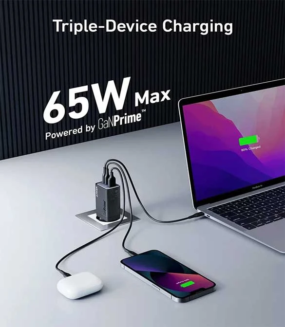 شاحن ANKER 735 USB C بثلاثة منافذ (Ganprime 65W)