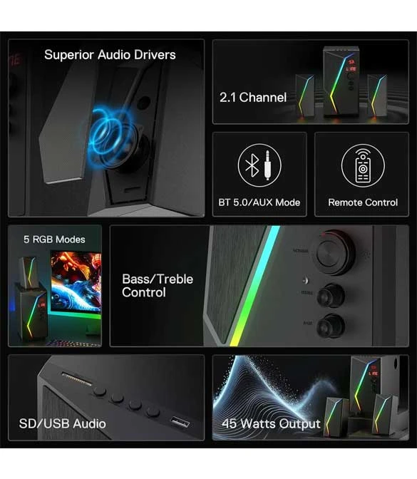 مكبرات صوت Redragon GS520 PRO لألعاب الكمبيوتر مع مضخم صوت، 2.1 قناة RGB