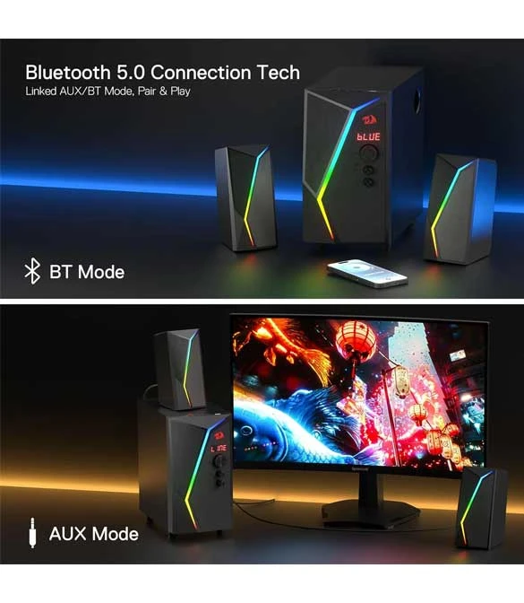 مكبرات صوت Redragon GS520 PRO لألعاب الكمبيوتر مع مضخم صوت، 2.1 قناة RGB