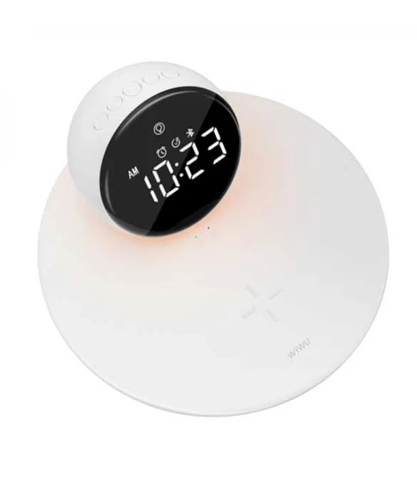 شاحن لاسلكي WiWU Wi-W017 بقوة 15 وات مع ساعة منبه رقمية ومكبر صوت بلوتوث