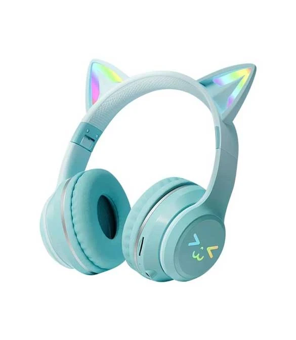 سماعات رأس لاسلكية GJBY Cat Ears LED Light (CA-042) - فيروزي