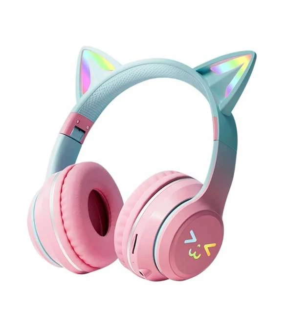 سماعات رأس لاسلكية GJBY Cat Ears LED Light (CA-042) - وردية