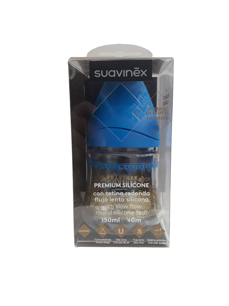 suavinex wide neck bottle with slow flow round silicone teat 150ml 0m+