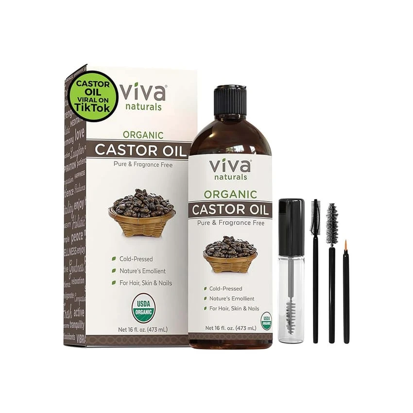 Viva Organic Castor Oil for Eyelashes and Eyebrows USDA Certified Organic, Cold Pressed Castor Oil, Natural Hair Oil & Eyelash Serum 480ml