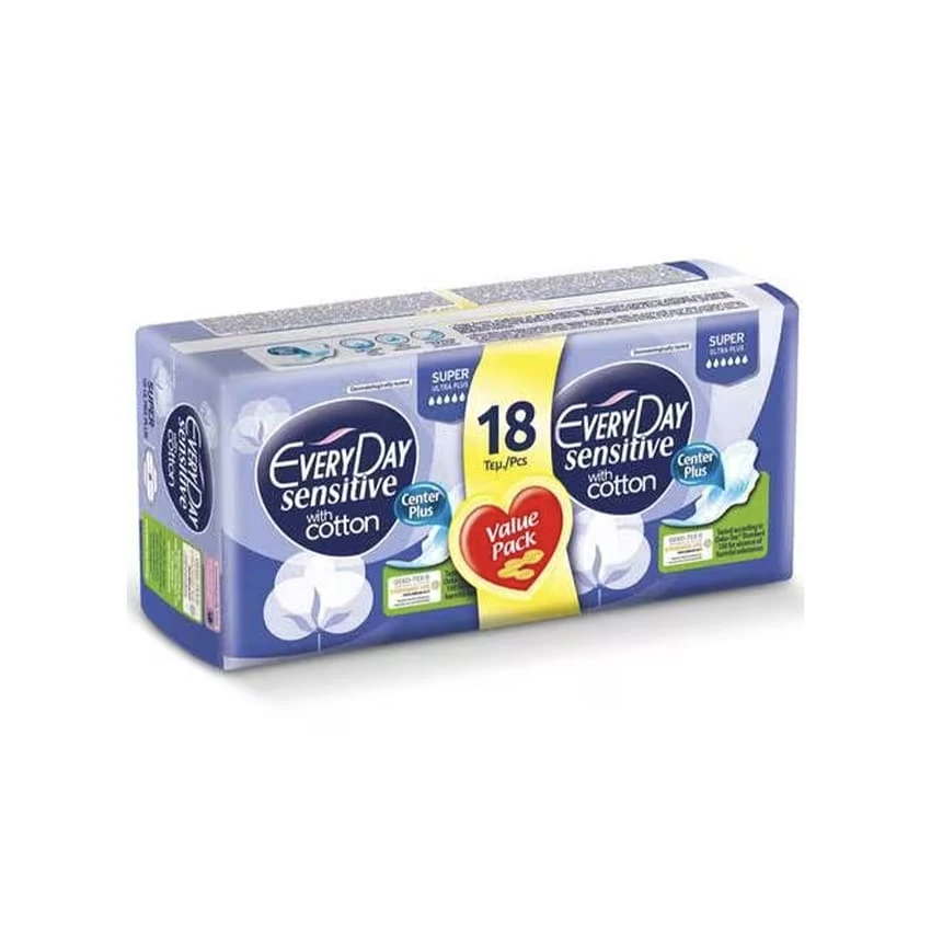 EveryDay Sensitive Cotton Extra Long Absorbents with Wings, Filter with Cotton, 18 Count