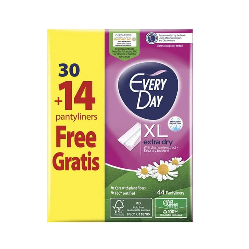 Every Day Extra Dry Extra XL Napkins (30+14 Gift) 44 pcs    Extra long napkins. With extra dry cover and chamomile extract, for healthy care every day. Anatomically designed. With an ultra-absorbent c