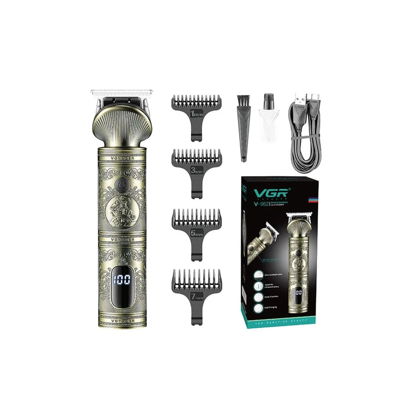 VGR V-962 Professional Pro Self Haircut Hair Clipper Beard trimmer Digital Display Blades USB Charging cable 4 Guide Combs for men 0mm Bald Head Clipper Runtime 200 mins 1200 mAh Li-ion Battery