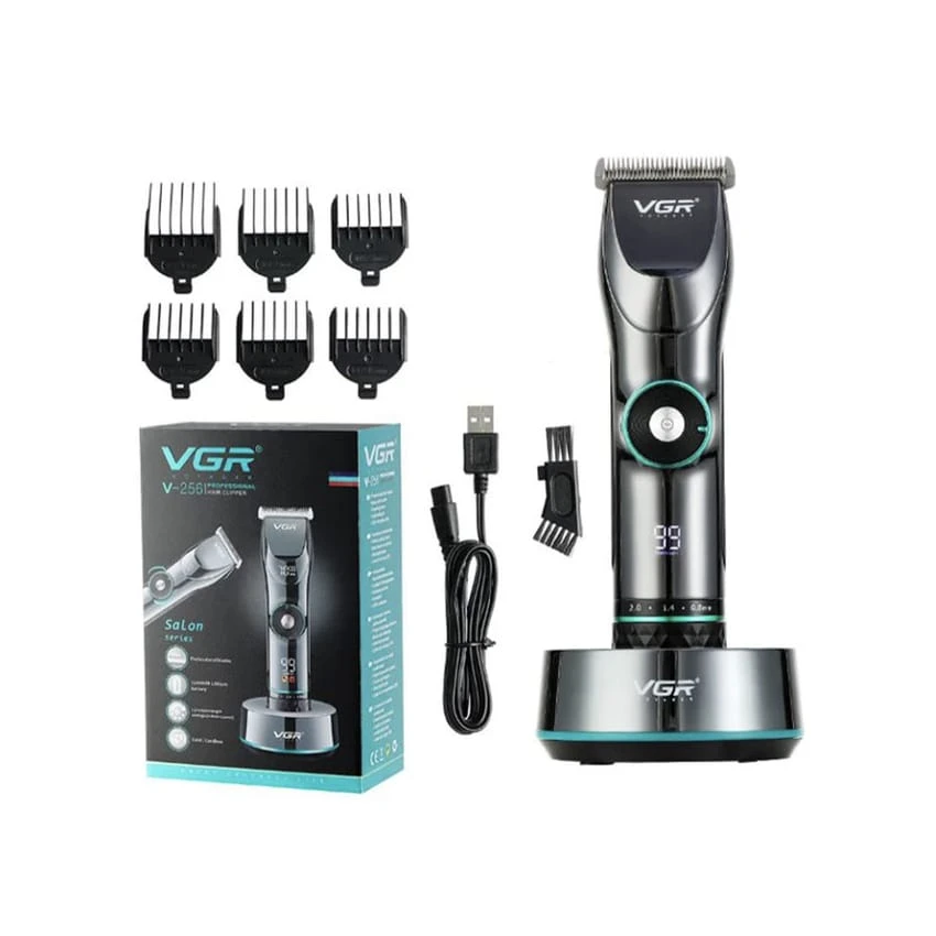 ماكينة قص الشعر الاحترافية VGR v256 بشاشة LCD قابلة لإعادة الشحن وماكينة قص الشعر واللحية و15 مستوى سرعة 10 وات