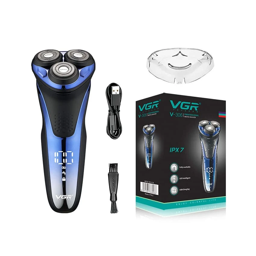 VGR V-306 Premium Cordless Rechargeable IPX7 Fully Waterproof 3 Head Electric Shaver Wet & Dry Rotary Shavers with Pop-up Trimmer Super-Fast Charge 90 minutes Runtime with LED Digital Display - Blue