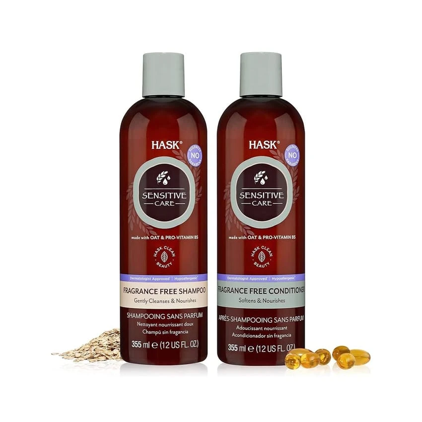 مجموعة شامبو وبلسم HASK SENSITIVE CARE خالية من العطور، نباتية، آمنة على الألوان، خالية من الجلوتين، خالية من الكبريتات، خالية من البارابين، خالية من القسوة - 1 شامبو و1 بلسم
