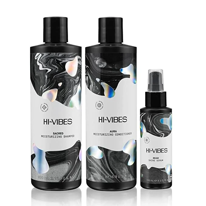 مجموعة HI-VIBES Ritual Collection شامبو Sacred وبلسم Aura مع مصل Beam Shine. نباتي وخالي من الكبريتات والبارابين. عبوة من 3 قطع