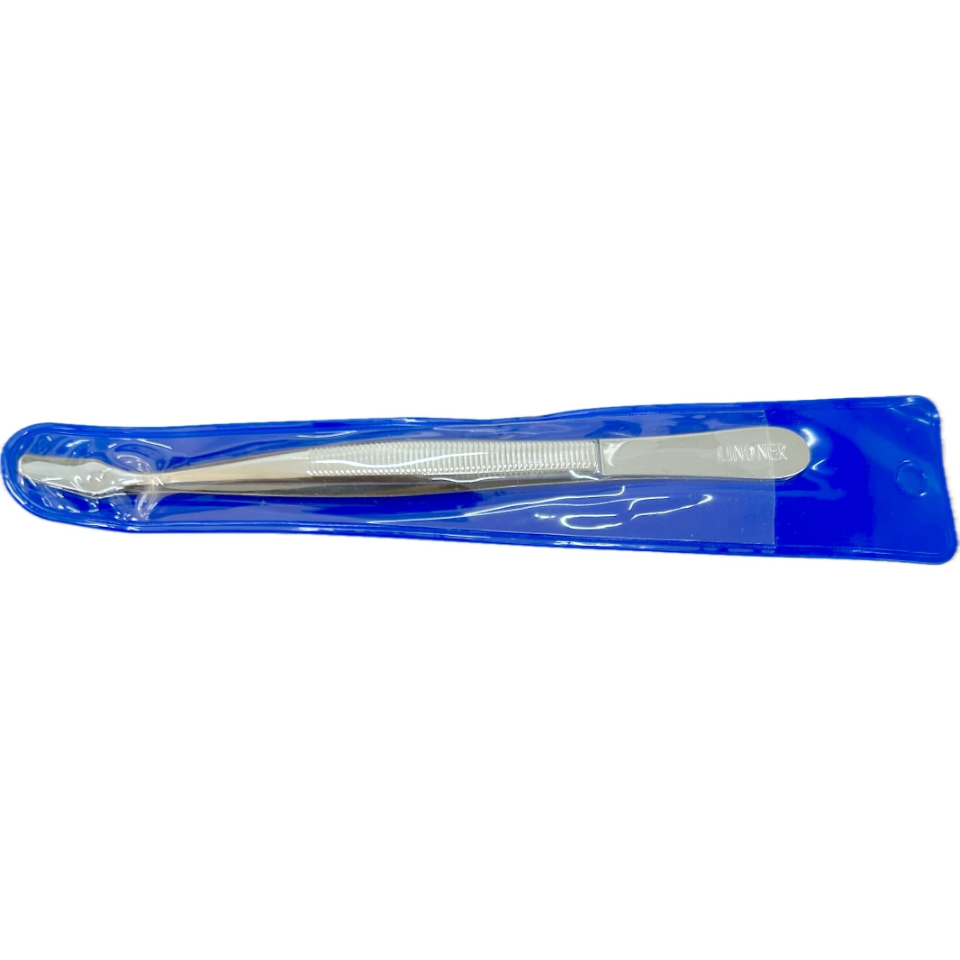 NEW Lindner Stamp Tongs with Precison Spade Bent Tip & Plastic Sleeve Nickel Plated 120mm