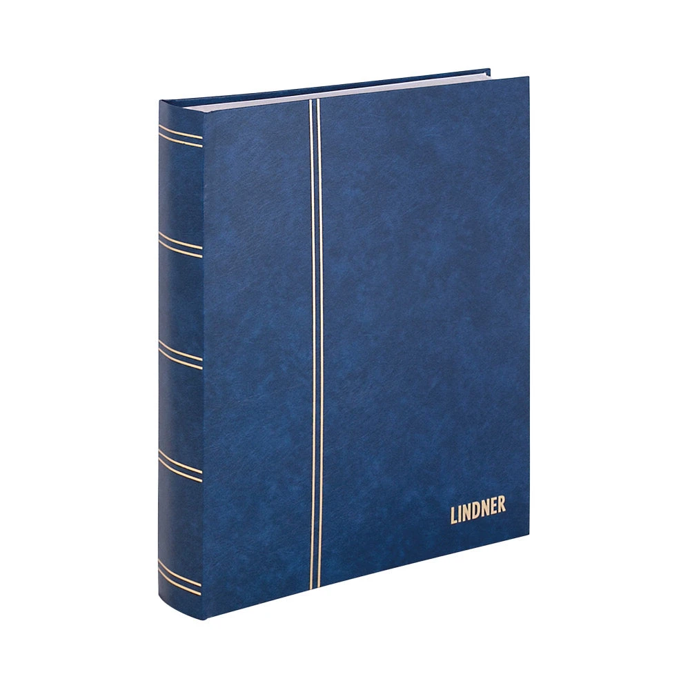 دفتر ختم جلدي جديد غير مبطن من Lindner Standard يحتوي على 48 صفحة بيضاء وشرائط زجاجية مقاس 230 × 305 مم - أزرق