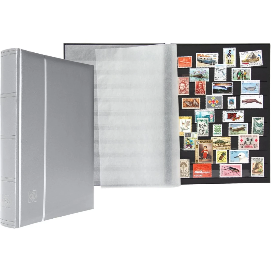 ألبوم طوابع مبطن معدني فضي جديد من Leuchtturm Comfort S Stockbook، 64 صفحة، أسود A4