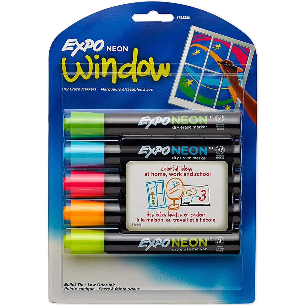 مجموعة أقلام تحديد Expo Neon Window القابلة للمسح الجاف - عبوة من 5 قطع