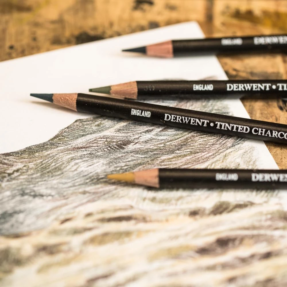 أقلام رسم فحم احترافية قابلة للذوبان في الماء من Derwent Tinted Charcoal - مجموعة من الصفيح