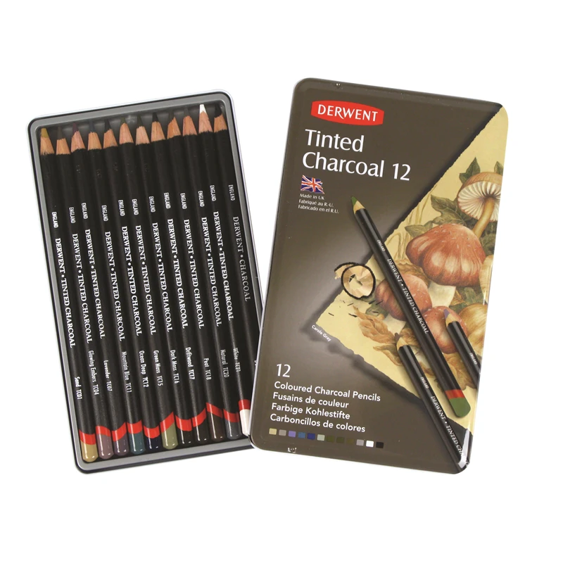 أقلام رسم فحم احترافية قابلة للذوبان في الماء من Derwent Tinted Charcoal - مجموعة من الصفيح