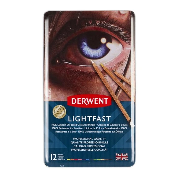 أقلام رصاص Derwent Lightfast ذات علبة دائرية ذات قوة أساسية ممتازة وملمس كريمي مثالية للرسم والتلوين الفني بجودة احترافية - مجموعة من الصفيح