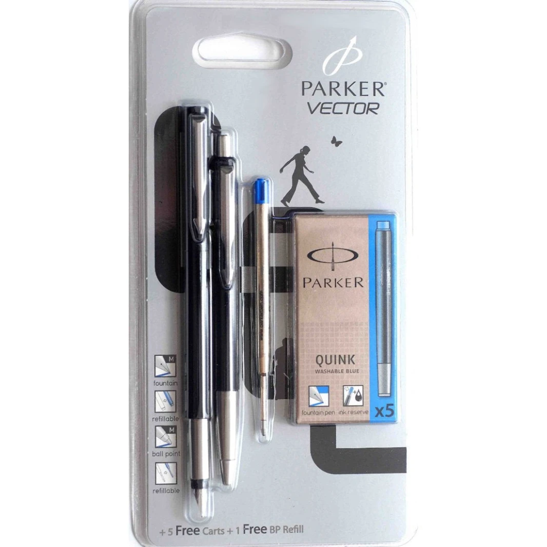 مجموعة أقلام حبر جاف ونافورة Parker Vector باللون الأسود + 5 عبوات مجانية + عبوة إعادة تعبئة واحدة مجانية لقلم BP
