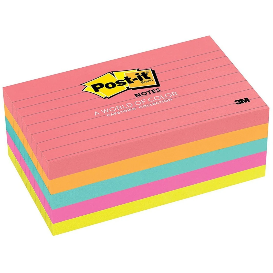 3M Post-it® Notes مقاس 3"x5" - عبوة من 5 قطع ملونة "نيون ومبطنة"
