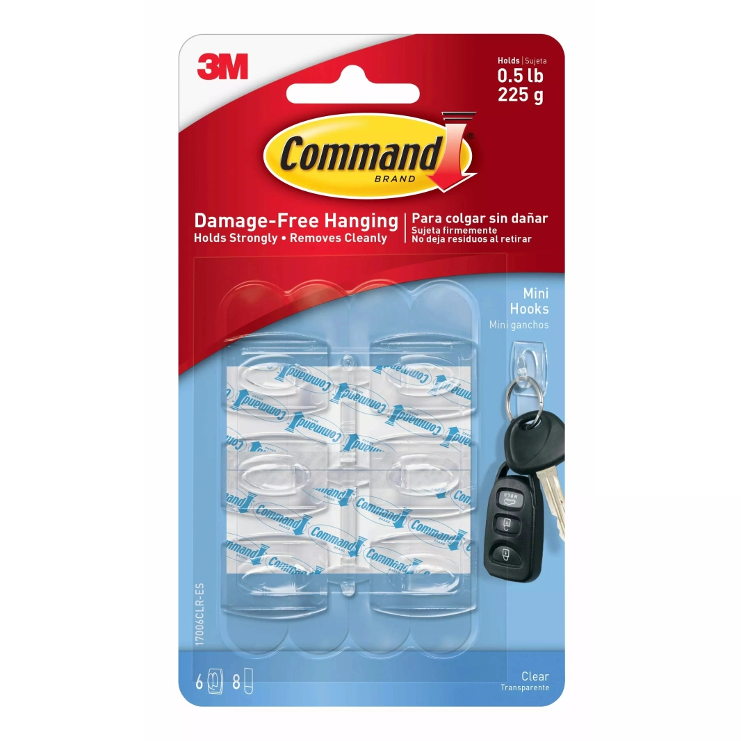 3M Mini Command شفاف 6 خطافات و8 شرائط حتى وزن 225 جرام