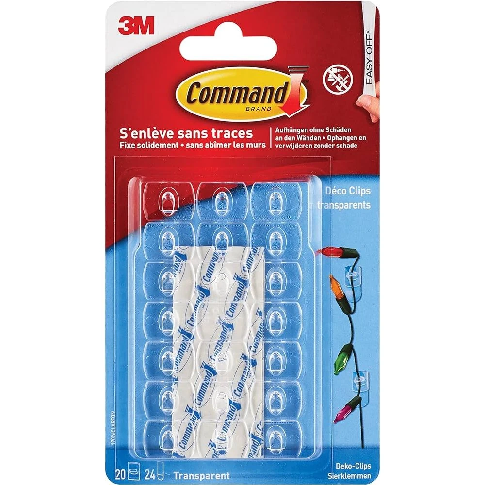 3M Command Hooks 20 Transparent Mini Decorating Clips & 24 Strips