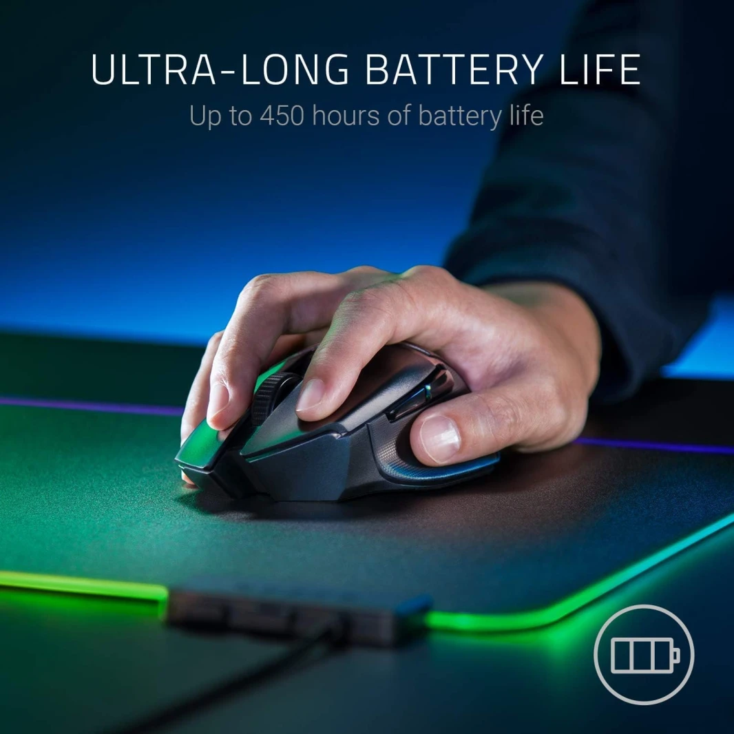 ماوس الألعاب اللاسلكي Razer Basilisk X HyperSpeed: متوافق مع البلوتوث واللاسلكي، مستشعر بصري بدقة 16 ألف نقطة في البوصة، 6 أزرار قابلة للبرمجة، بطارية تدوم 450 ساعة، أسود كلاسيكي
