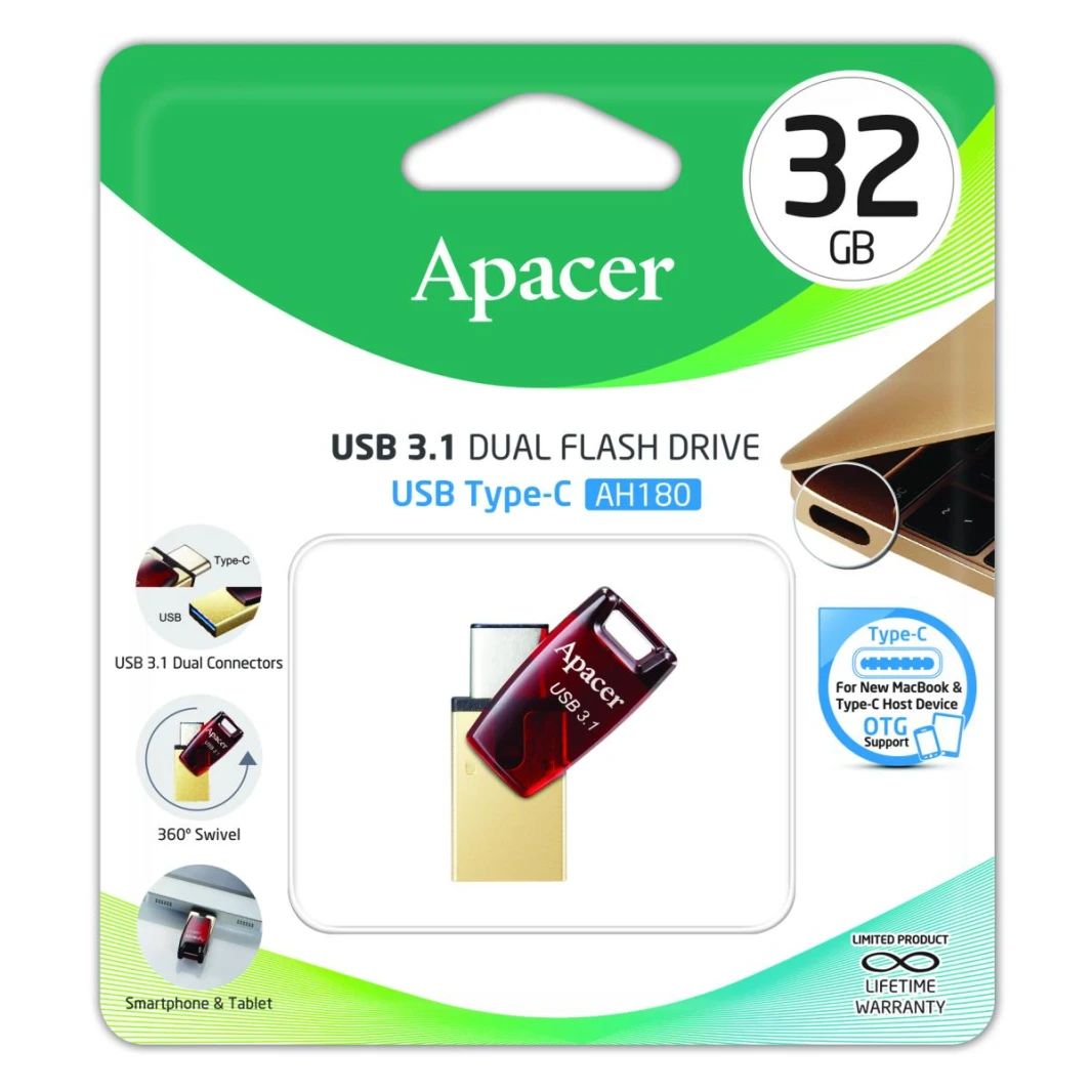 Apacer AH180 USB 3.1 وType-C Gen 1 Type-A / فلاش ميموري 32 جيجابايت