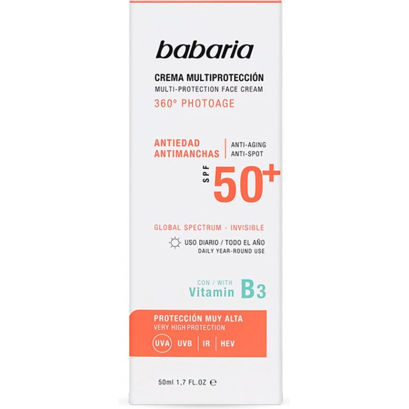 Babaria 2 كريم باباريا سولار متعدد الحماية مضاد للبقع بعامل حماية من الشمس 50+ 50 مل