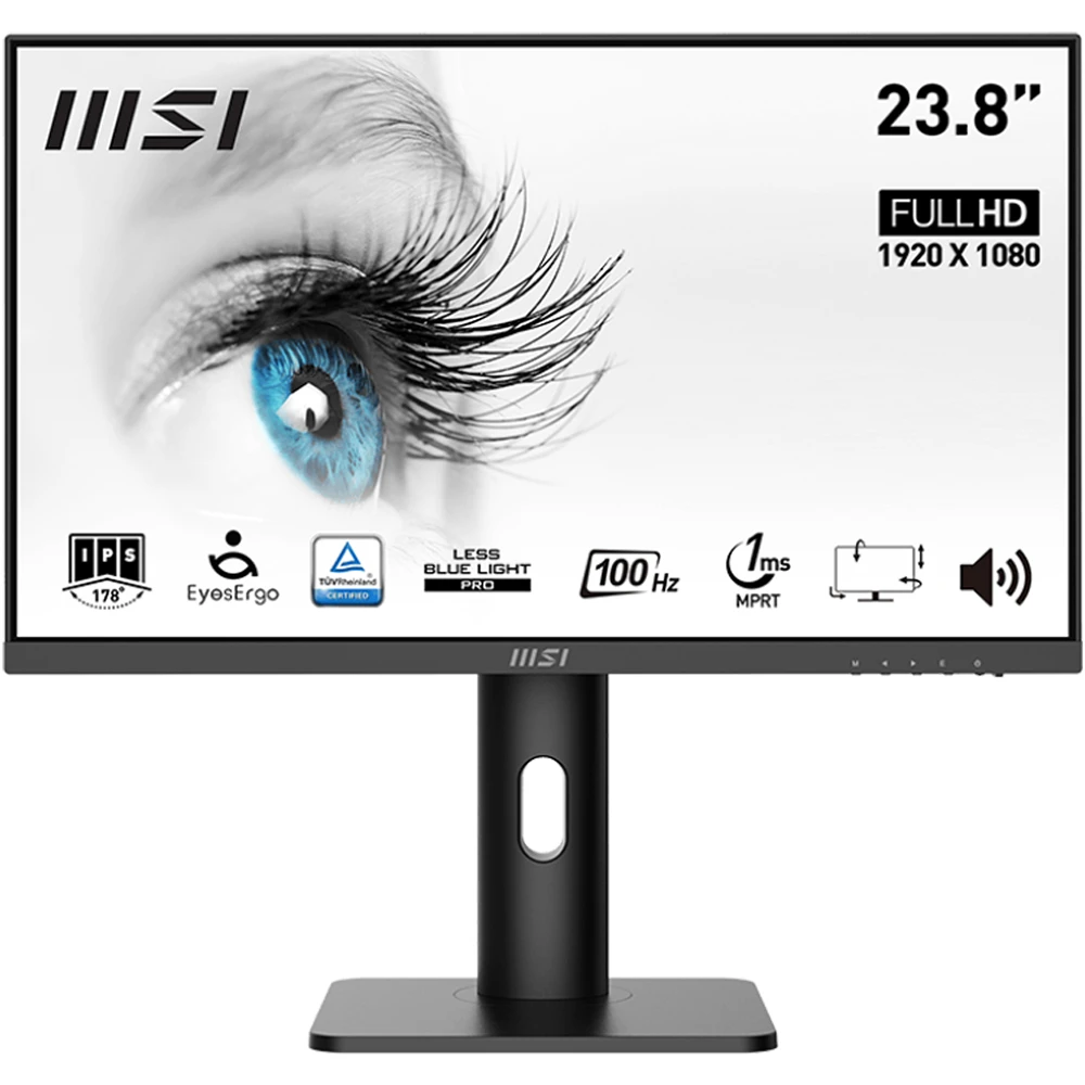 شاشة MSI PRO MP243XP مقاس 24 بوصة بتقنية FHD، لوحة IPS، معدل تحديث 100 هرتز، 1 مللي ثانية، منافذ HDMI وDisplayPort، مكبر صوت مدمج، لون أسود