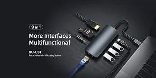 محطة إرساء ريماكس ريتور 9 في 1 (PD100W) (3 منافذ يو إس بي + PD + HDMI + بطاقة SD + بطاقة تي إف + سماعة أذن مقاس 3.5 بوصة)