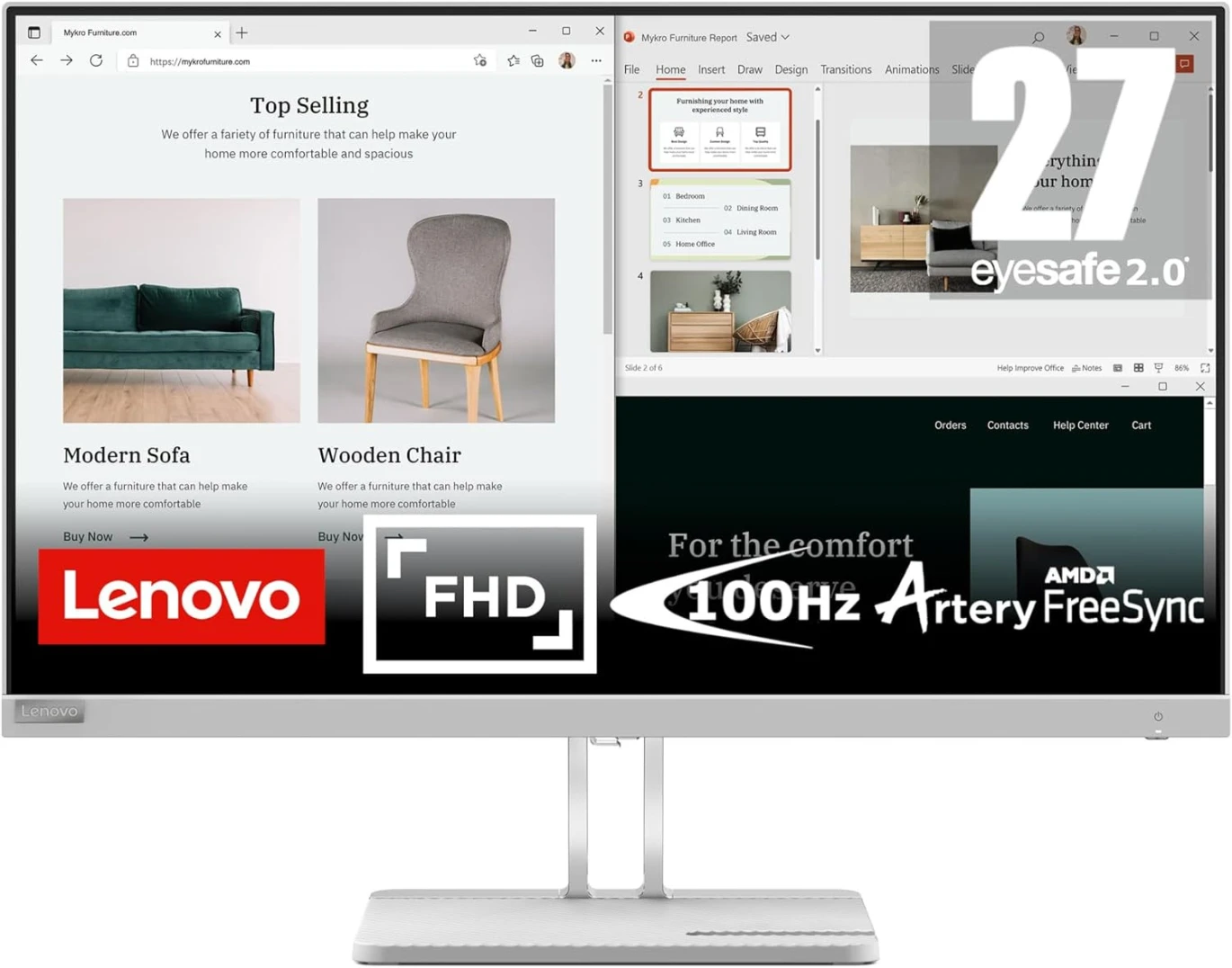 Lenovo L27e-40 Monitor, 27” Display, Full HD Resolution, 300 nits Brightness, 100Hz Refresh Rate, AMD FreeSync, HDMI 1.4 and VGA Ports, Tilt-Adjustable Stand, Natural Low Blue Light, White