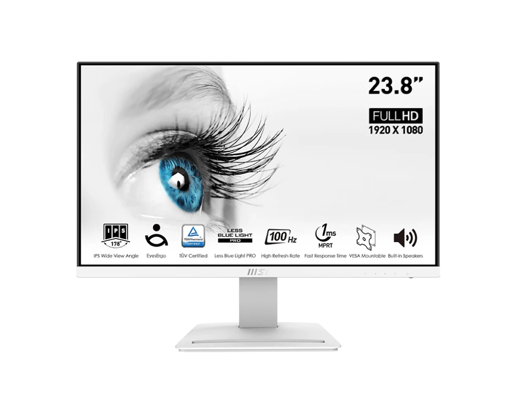شاشة MSI Pro MP243XW مقاس 23.8 بوصة بدقة 1920 × 1080 (FHD) IPS بمعدل تحديث 100 هرتز ووقت استجابة 1 مللي ثانية ومنفذ HDMI 1.4 \ DP 1.2a مع مكبرات صوت مدمجة - بيضاء