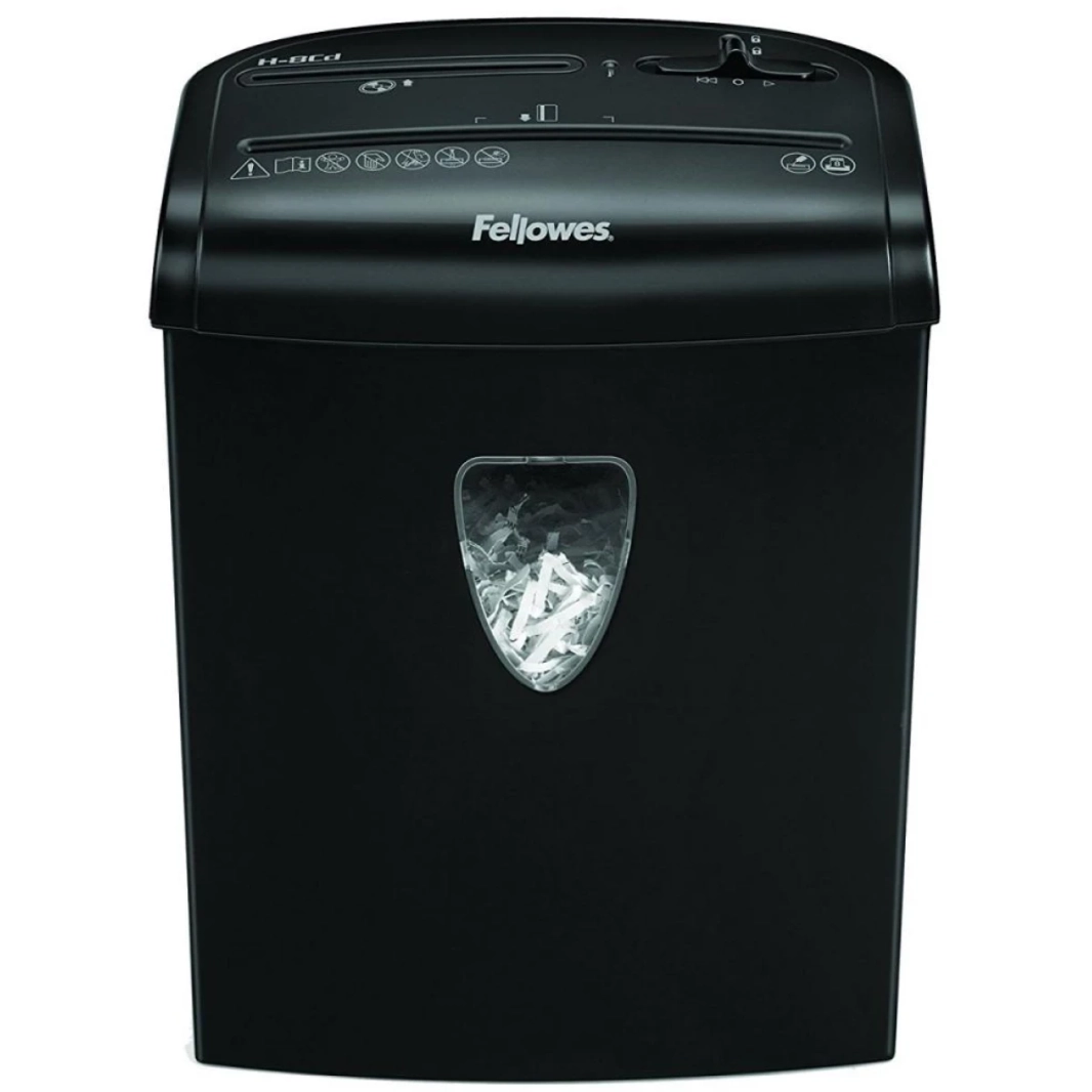 آلة تقطيع الورق Fellowes Powershred H-8CD ذات القطع المتقاطع المكونة من 8 أوراق مزودة بقفل أمان حاصل على براءة اختراع يعطل آلات التقطيع لمزيد من الحماية والأمان، وتقطع 8 أوراق في كل تمريرة إلى جزيئات 
