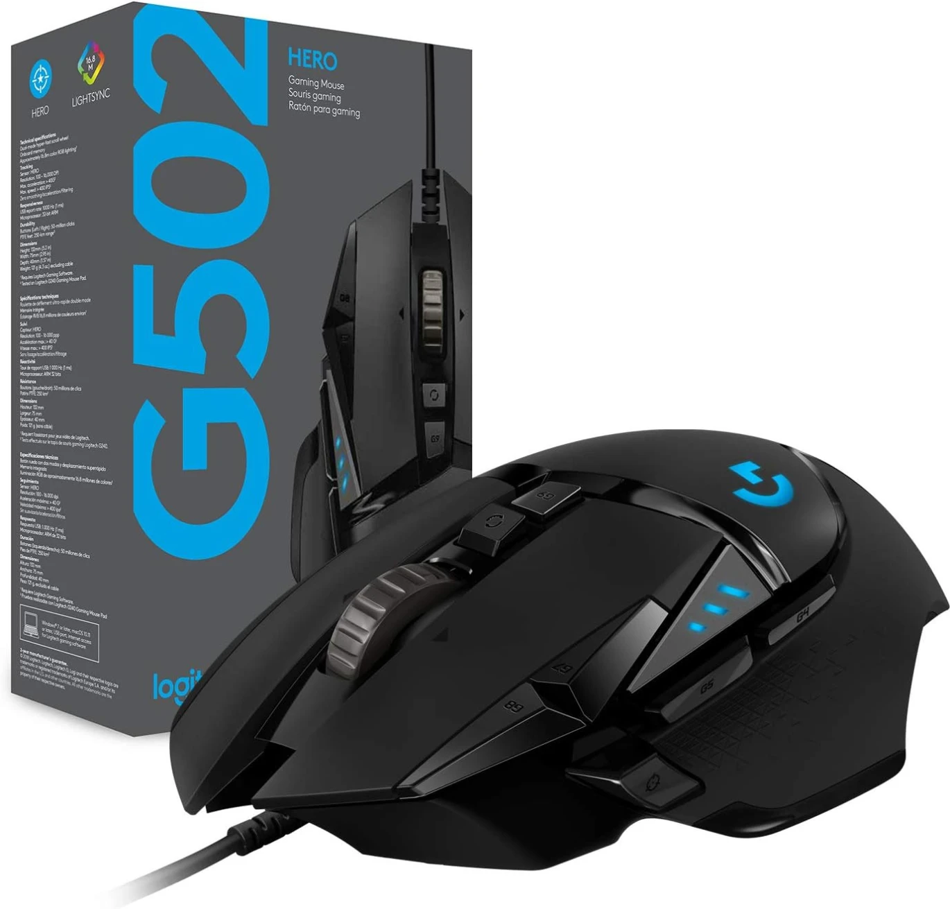 ماوس الألعاب السلكي عالي الأداء Logitech G502 HERO، مستشعر HERO 25K، 25600 نقطة في البوصة، RGB، أوزان قابلة للتعديل، 11 زرًا قابلًا للبرمجة، ذاكرة مدمجة، كمبيوتر شخصي / ماك