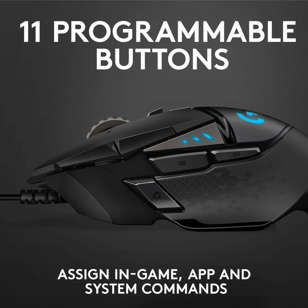 ماوس الألعاب السلكي عالي الأداء Logitech G502 HERO، مستشعر HERO 25K، 25600 نقطة في البوصة، RGB، أوزان قابلة للتعديل، 11 زرًا قابلًا للبرمجة، ذاكرة مدمجة، كمبيوتر شخصي / ماك
