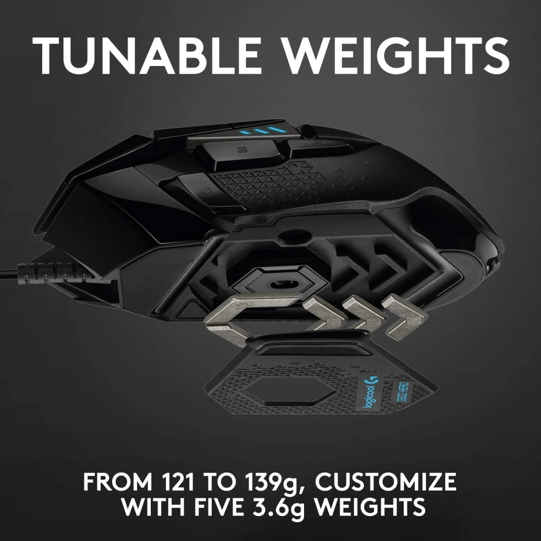 ماوس الألعاب السلكي عالي الأداء Logitech G502 HERO، مستشعر HERO 25K، 25600 نقطة في البوصة، RGB، أوزان قابلة للتعديل، 11 زرًا قابلًا للبرمجة، ذاكرة مدمجة، كمبيوتر شخصي / ماك