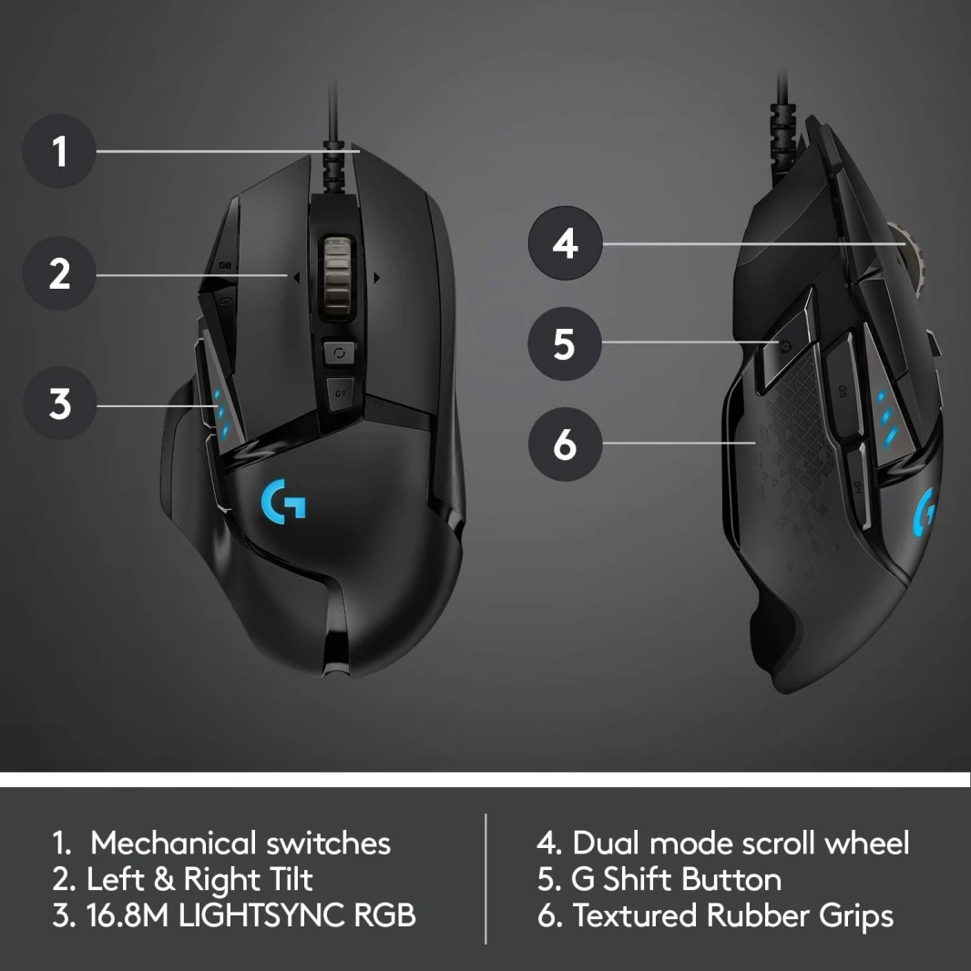 ماوس الألعاب السلكي عالي الأداء Logitech G502 HERO، مستشعر HERO 25K، 25600 نقطة في البوصة، RGB، أوزان قابلة للتعديل، 11 زرًا قابلًا للبرمجة، ذاكرة مدمجة، كمبيوتر شخصي / ماك