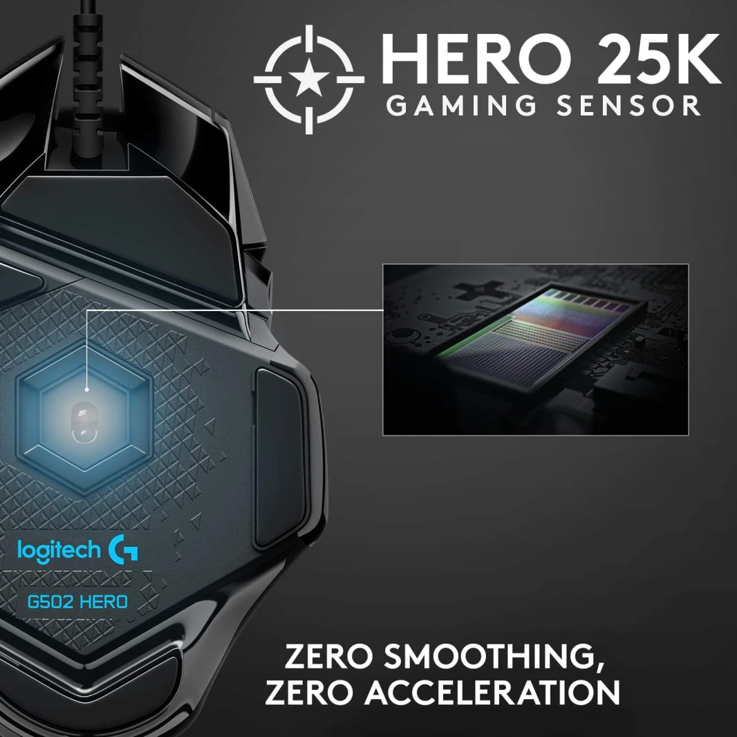 ماوس الألعاب السلكي عالي الأداء Logitech G502 HERO، مستشعر HERO 25K، 25600 نقطة في البوصة، RGB، أوزان قابلة للتعديل، 11 زرًا قابلًا للبرمجة، ذاكرة مدمجة، كمبيوتر شخصي / ماك